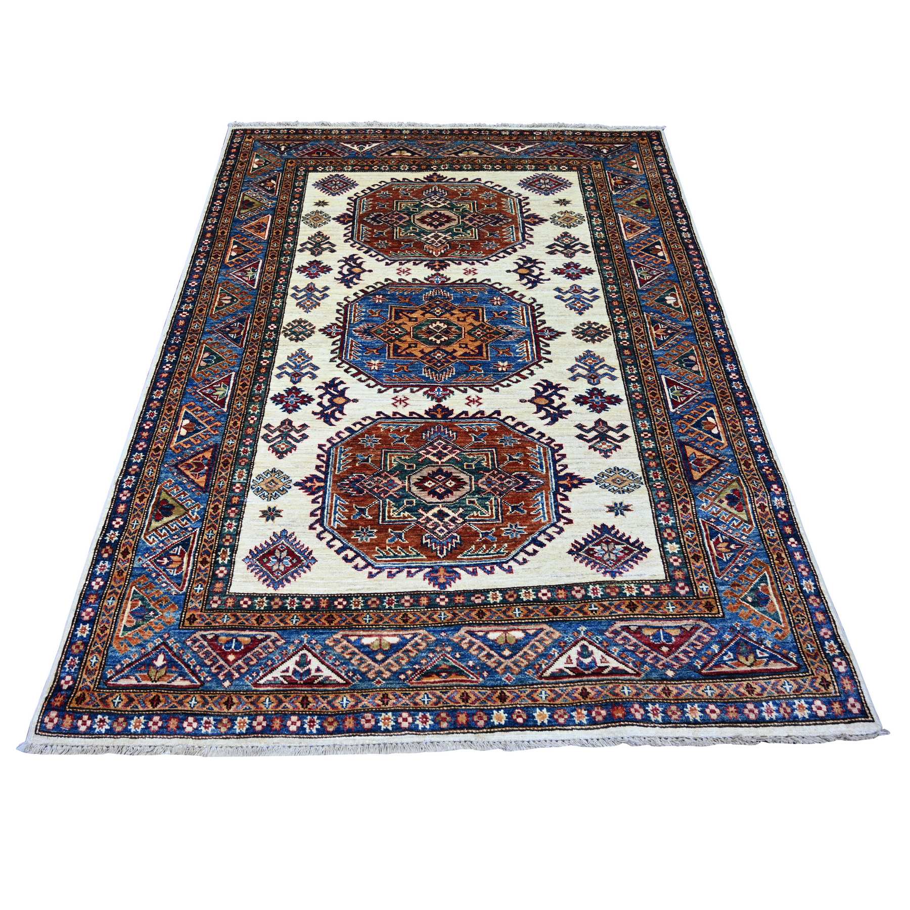 Chiffon White, Afghan Super Kazak with Geometric Medallions Design, Hand Knotted, Soft and Shiny Wool, Vegetable Dyes, Oriental Rug